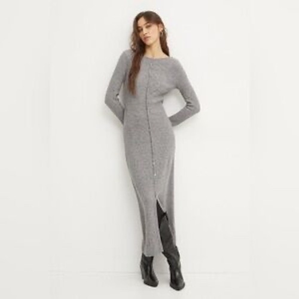 Abercrombie & Fitch Giselle Grey Merino Wool Ribbed Button Front Maxi Dress SM